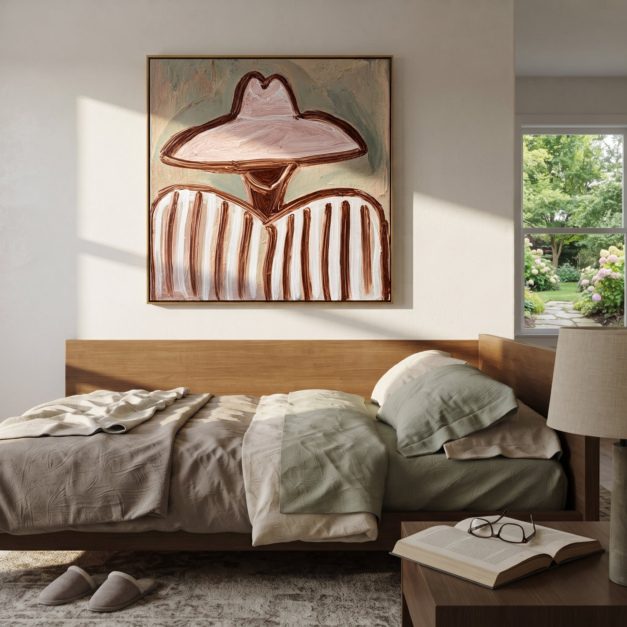 Pink Brim Softens Lines - pink hat striped figure painting by Elliot Vale, modern figurative square wall art - styled room scene view 5