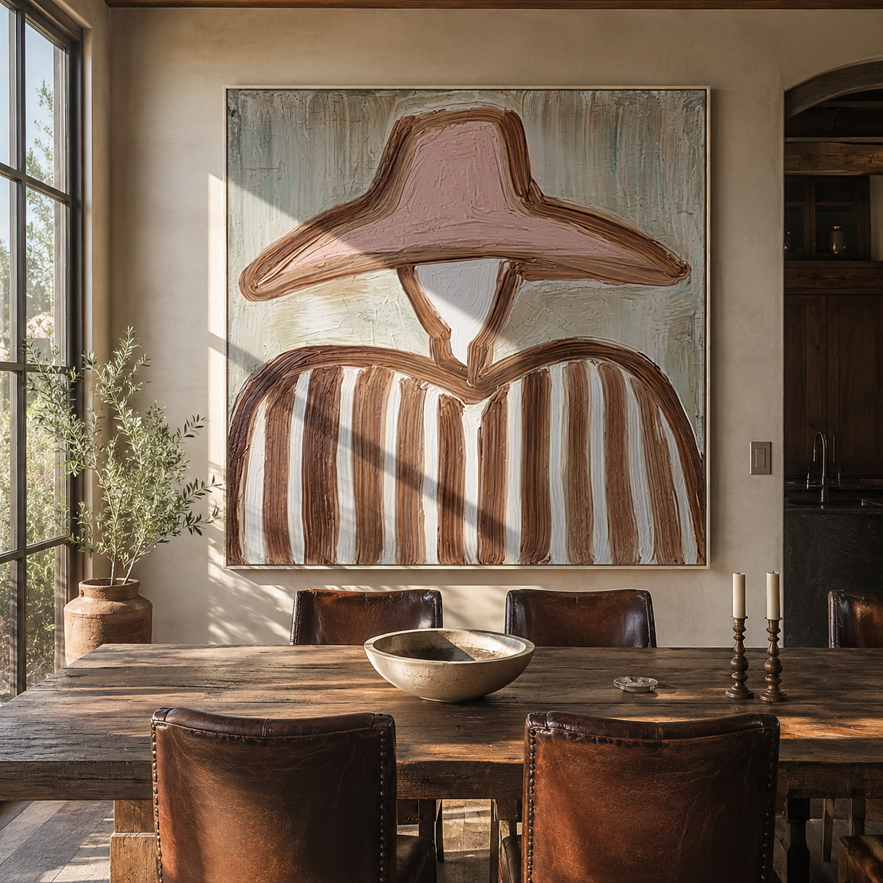 Blush Hat Meets Sage - blush hat striped figure painting by Elliot Vale, modern figurative square wall art - styled room scene view 1