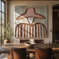 Blush Hat Meets Sage - blush hat striped figure painting by Elliot Vale, modern figurative square wall art - styled room scene view 1