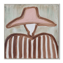 Blush Hat Meets Sage - blush hat striped figure painting by Elliot Vale, modern figurative square wall art - framed artwork on white background