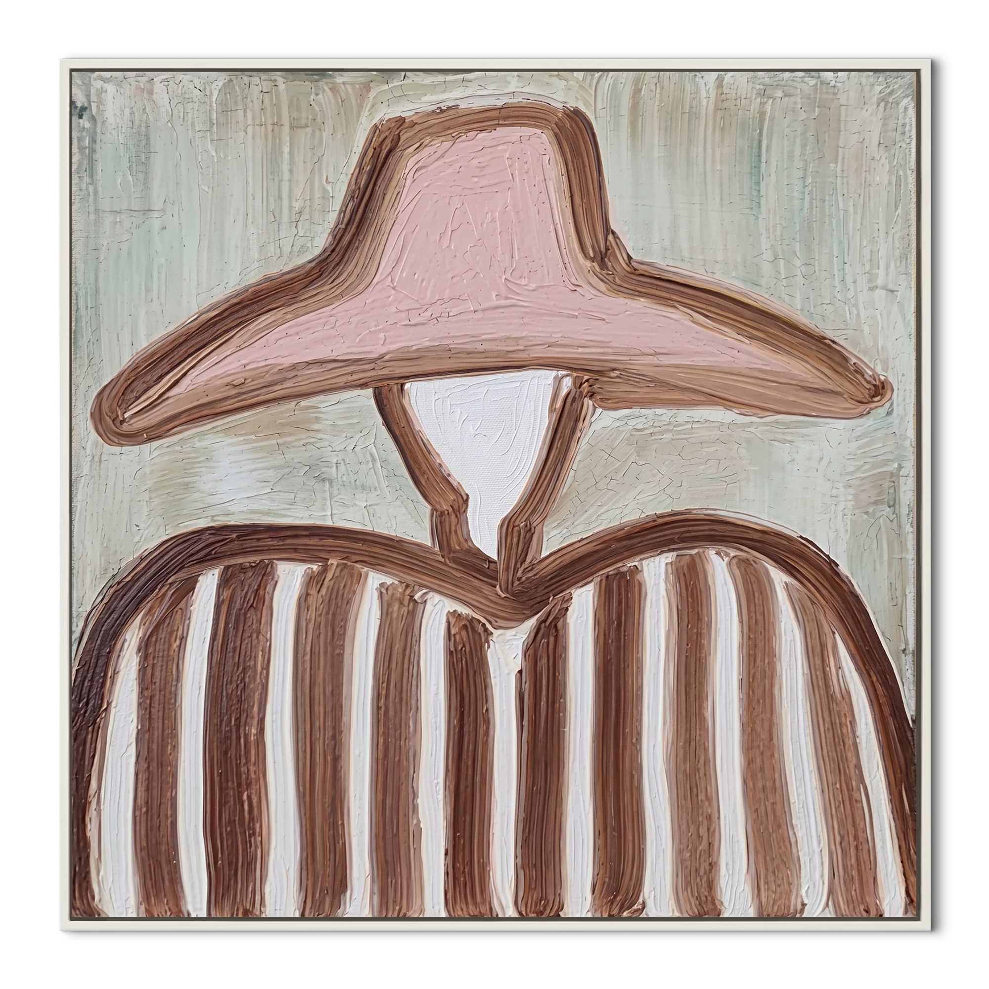 Blush Hat Meets Sage - blush hat striped figure painting by Elliot Vale, modern figurative square wall art - framed artwork on white background