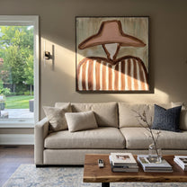 Blush Hat Meets Sage - blush hat striped figure painting by Elliot Vale, modern figurative square wall art - styled room scene view 2