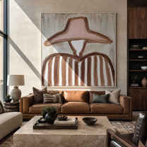Blush Hat Meets Sage - blush hat striped figure painting by Elliot Vale, modern figurative square wall art - styled room scene view 3