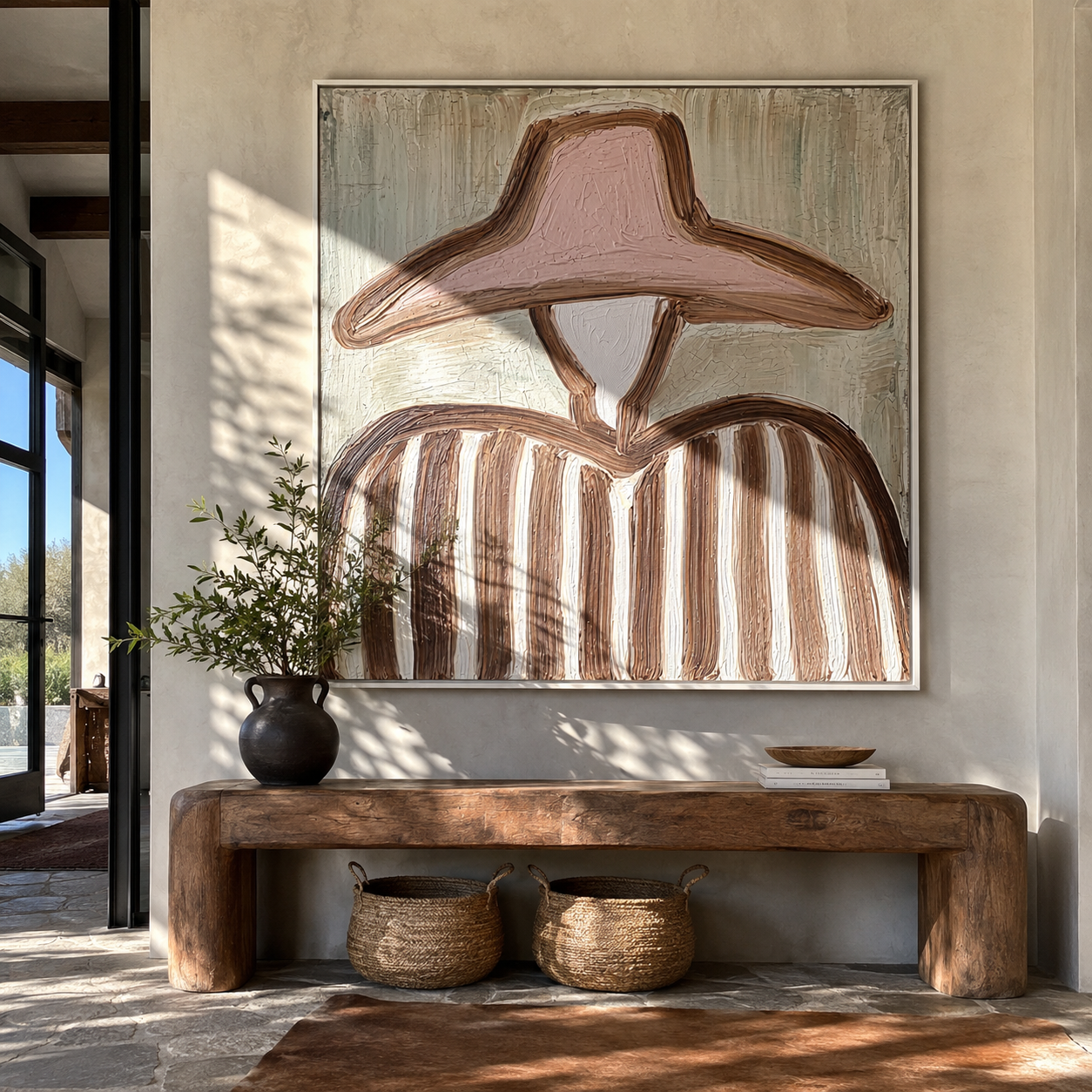 Blush Hat Meets Sage - blush hat striped figure painting by Elliot Vale, modern figurative square wall art - styled room scene view 4
