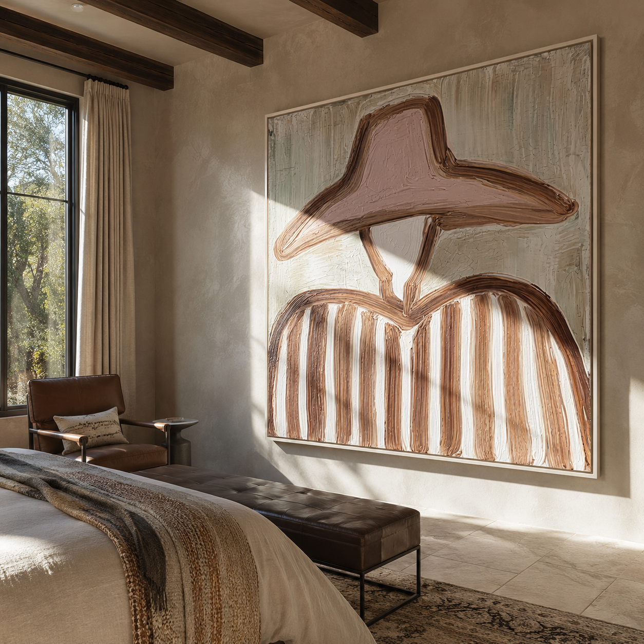 Blush Hat Meets Sage - blush hat striped figure painting by Elliot Vale, modern figurative square wall art - styled room scene view 5