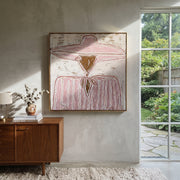 Rose Brim Ties Quietly - pink scarf figure painting by Elliot Vale, modern figurative square wall art - styled room scene view 1