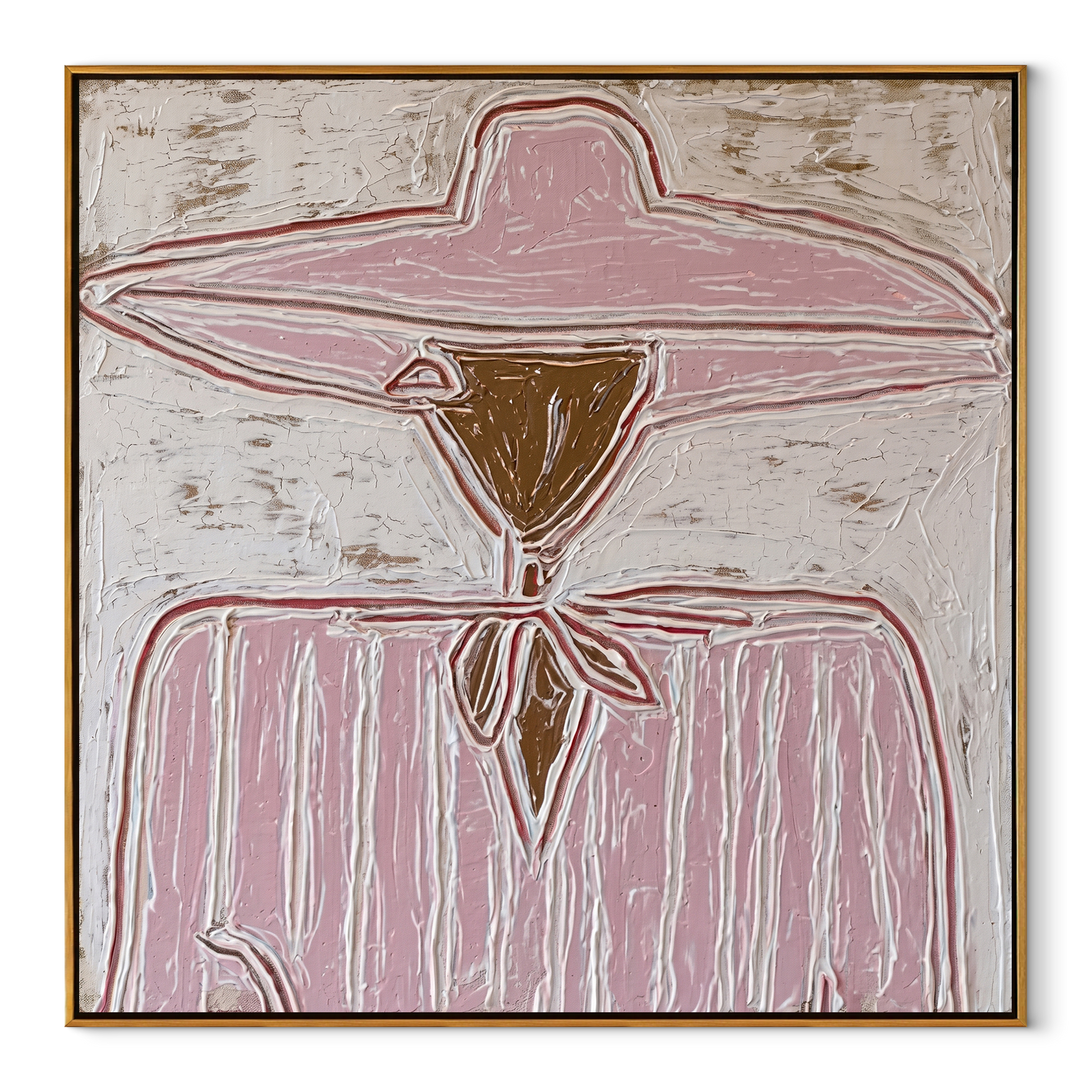 Rose Brim Ties Quietly - pink scarf figure painting by Elliot Vale, modern figurative square wall art - framed artwork on white background