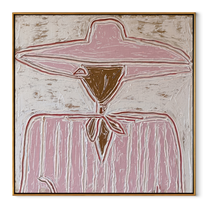 Rose Brim Ties Quietly - pink scarf figure painting by Elliot Vale, modern figurative square wall art - framed artwork on white background