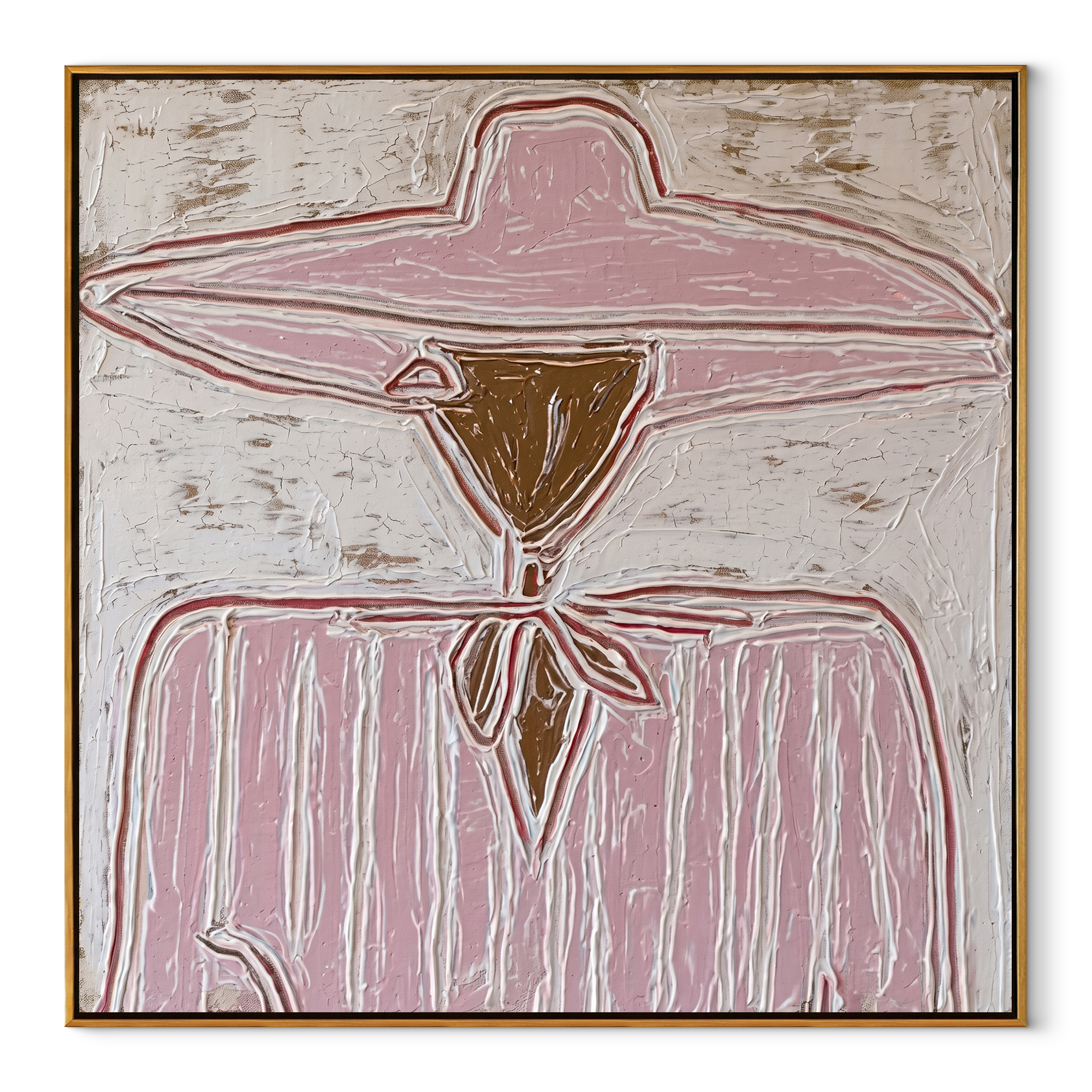 Rose Brim Ties Quietly - pink scarf figure painting by Elliot Vale, modern figurative square wall art - framed artwork on white background