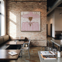 Rose Brim Ties Quietly - pink scarf figure painting by Elliot Vale, modern figurative square wall art - styled room scene view 2