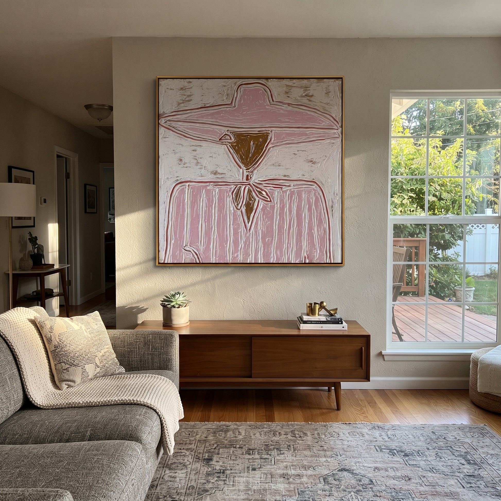 Rose Brim Ties Quietly - pink scarf figure painting by Elliot Vale, modern figurative square wall art - styled room scene view 3
