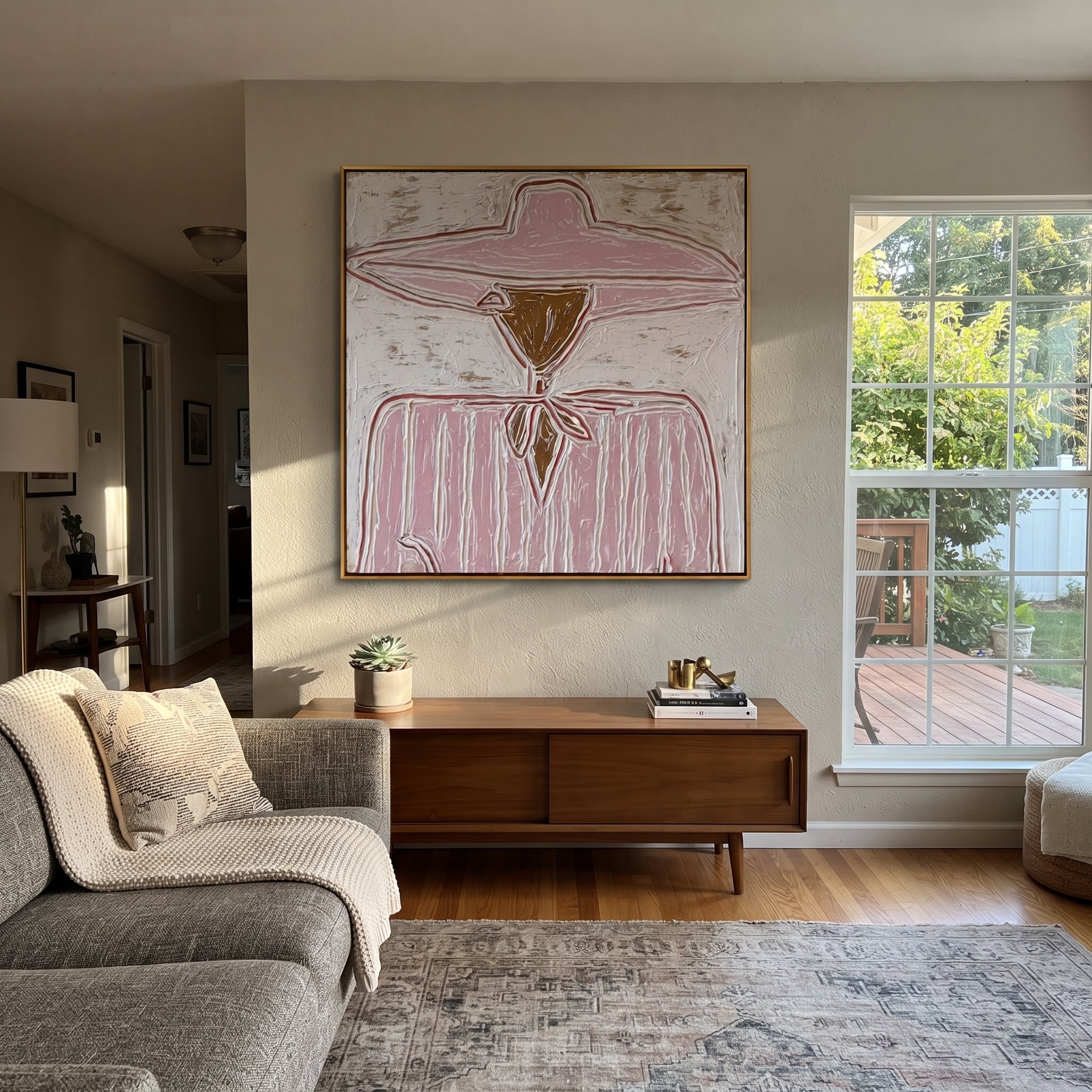 Rose Brim Ties Quietly - pink scarf figure painting by Elliot Vale, modern figurative square wall art - styled room scene view 3