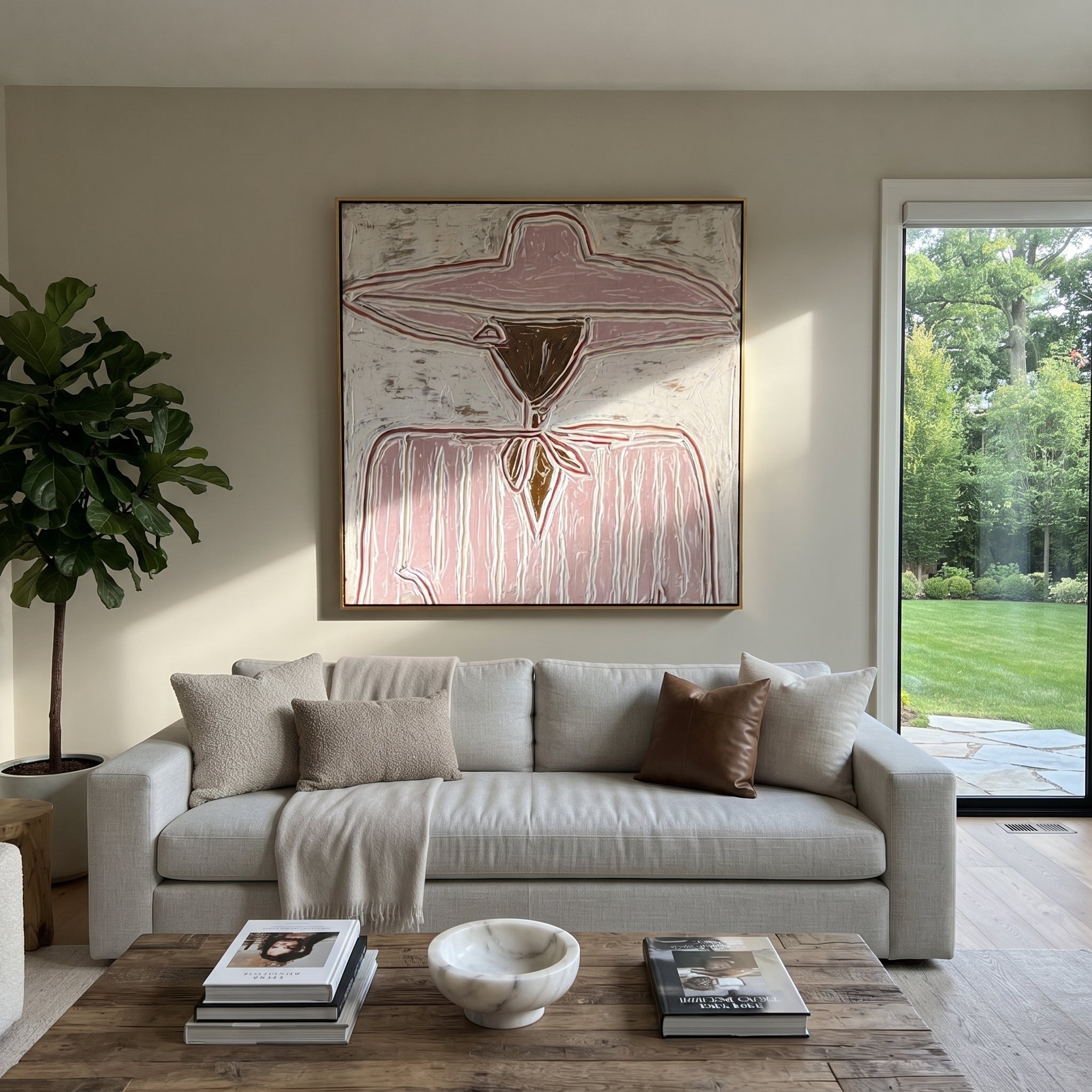 Rose Brim Ties Quietly - pink scarf figure painting by Elliot Vale, modern figurative square wall art - styled room scene view 4