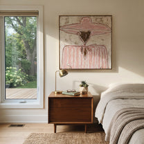 Rose Brim Ties Quietly - pink scarf figure painting by Elliot Vale, modern figurative square wall art - styled room scene view 5
