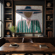 Navy Brim Frames Green - green striped hat figure painting by Elliot Vale, modern figurative square wall art - styled room scene view 1