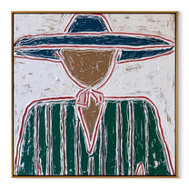 Navy Brim Frames Green - green striped hat figure painting by Elliot Vale, modern figurative square wall art - framed artwork on white background