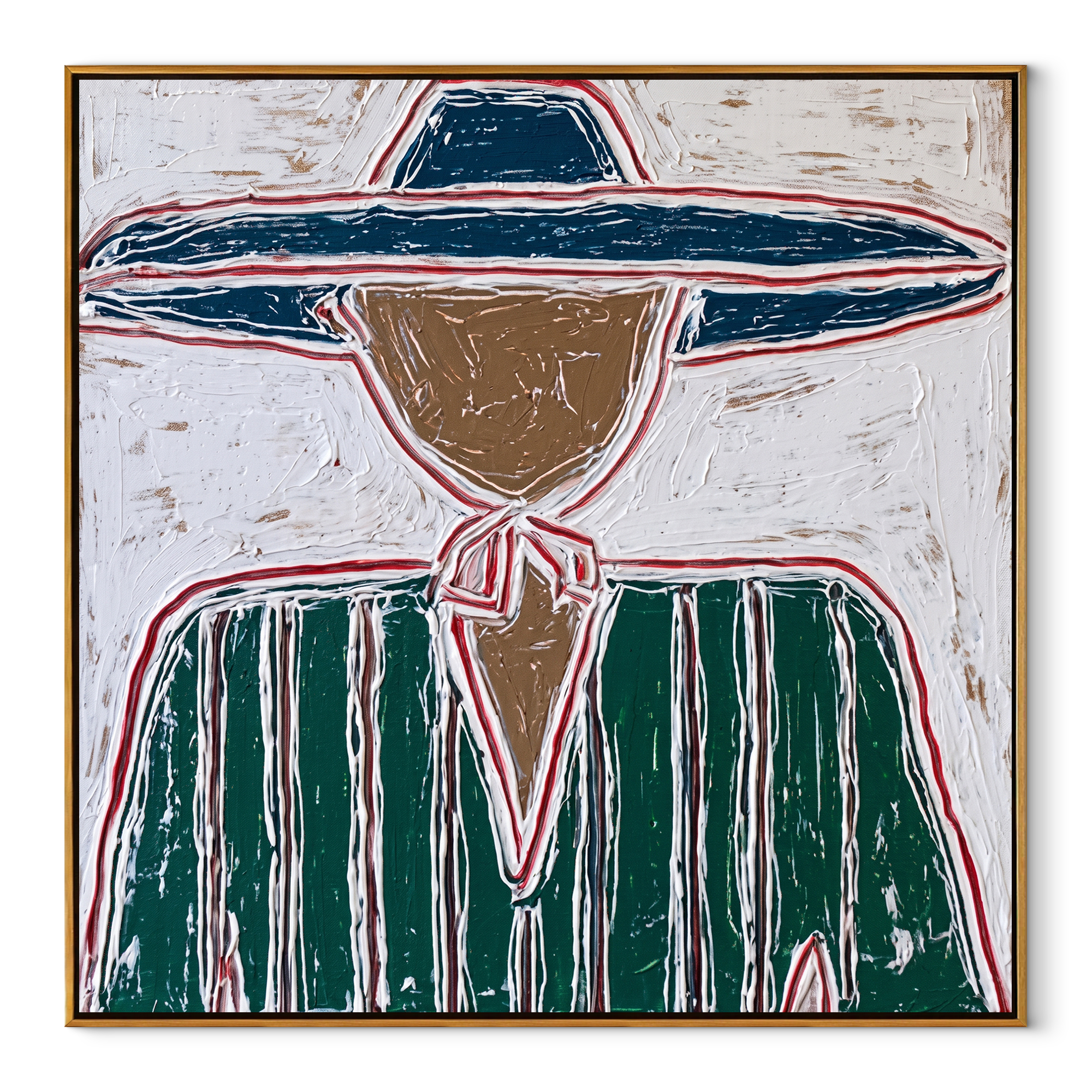 Navy Brim Frames Green - green striped hat figure painting by Elliot Vale, modern figurative square wall art - framed artwork on white background