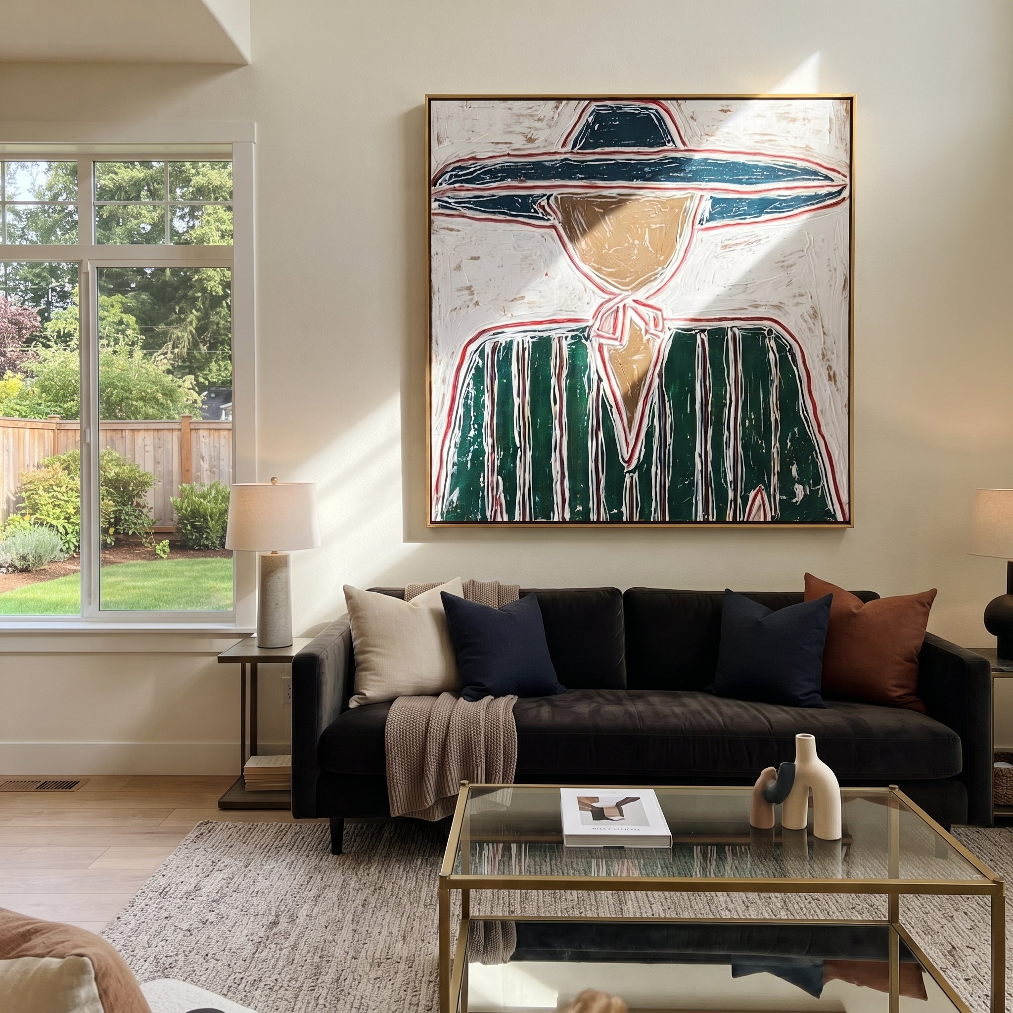 Navy Brim Frames Green - green striped hat figure painting by Elliot Vale, modern figurative square wall art - styled room scene view 2
