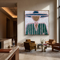 Navy Brim Frames Green - green striped hat figure painting by Elliot Vale, modern figurative square wall art - styled room scene view 3
