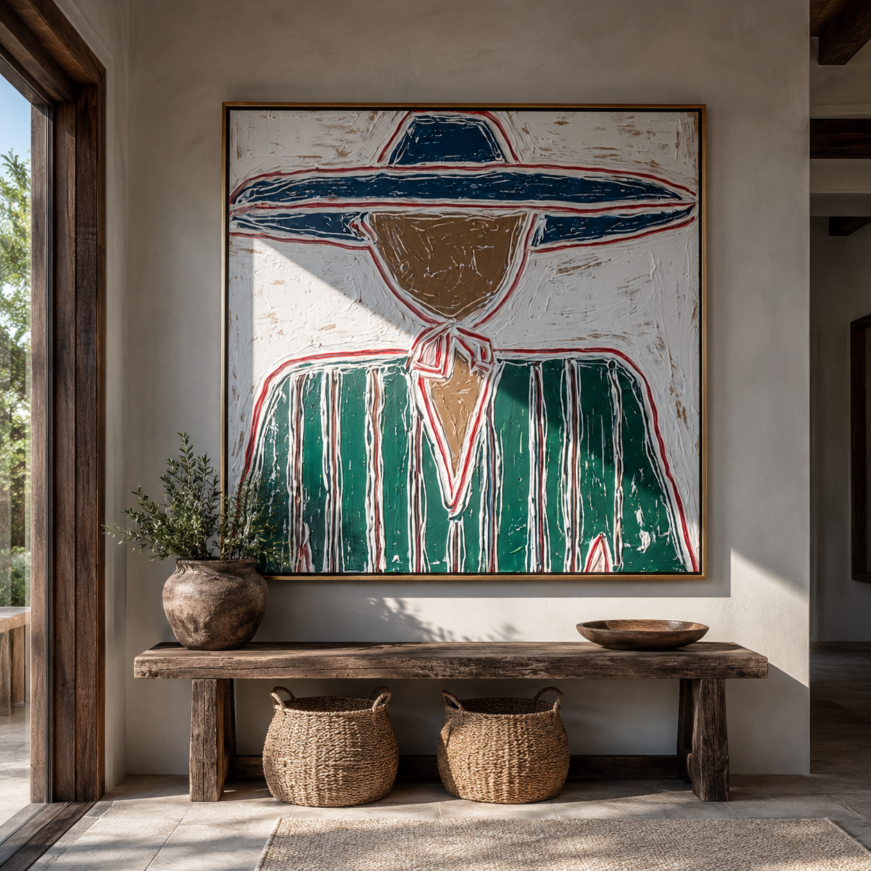 Navy Brim Frames Green - green striped hat figure painting by Elliot Vale, modern figurative square wall art - styled room scene view 4