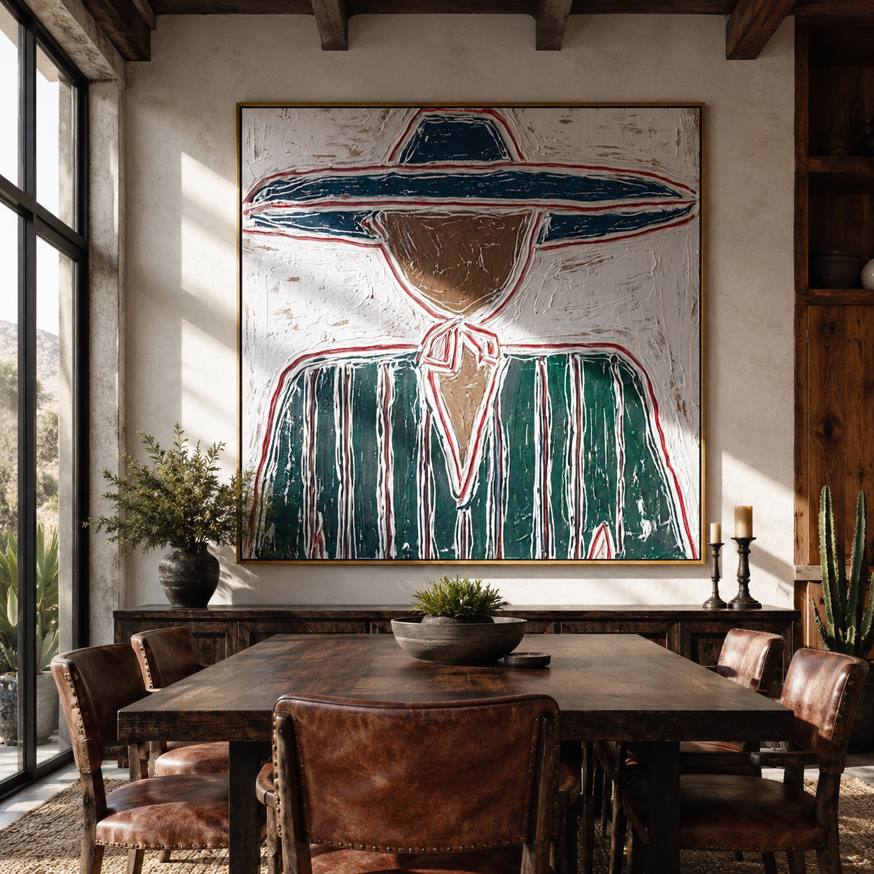 Navy Brim Frames Green - green striped hat figure painting by Elliot Vale, modern figurative square wall art - styled room scene view 5