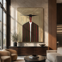 Dark Bar Crosses Burgundy - burgundy striped figure painting by Elliot Vale, modern figurative vertical wall art - styled room scene view 1