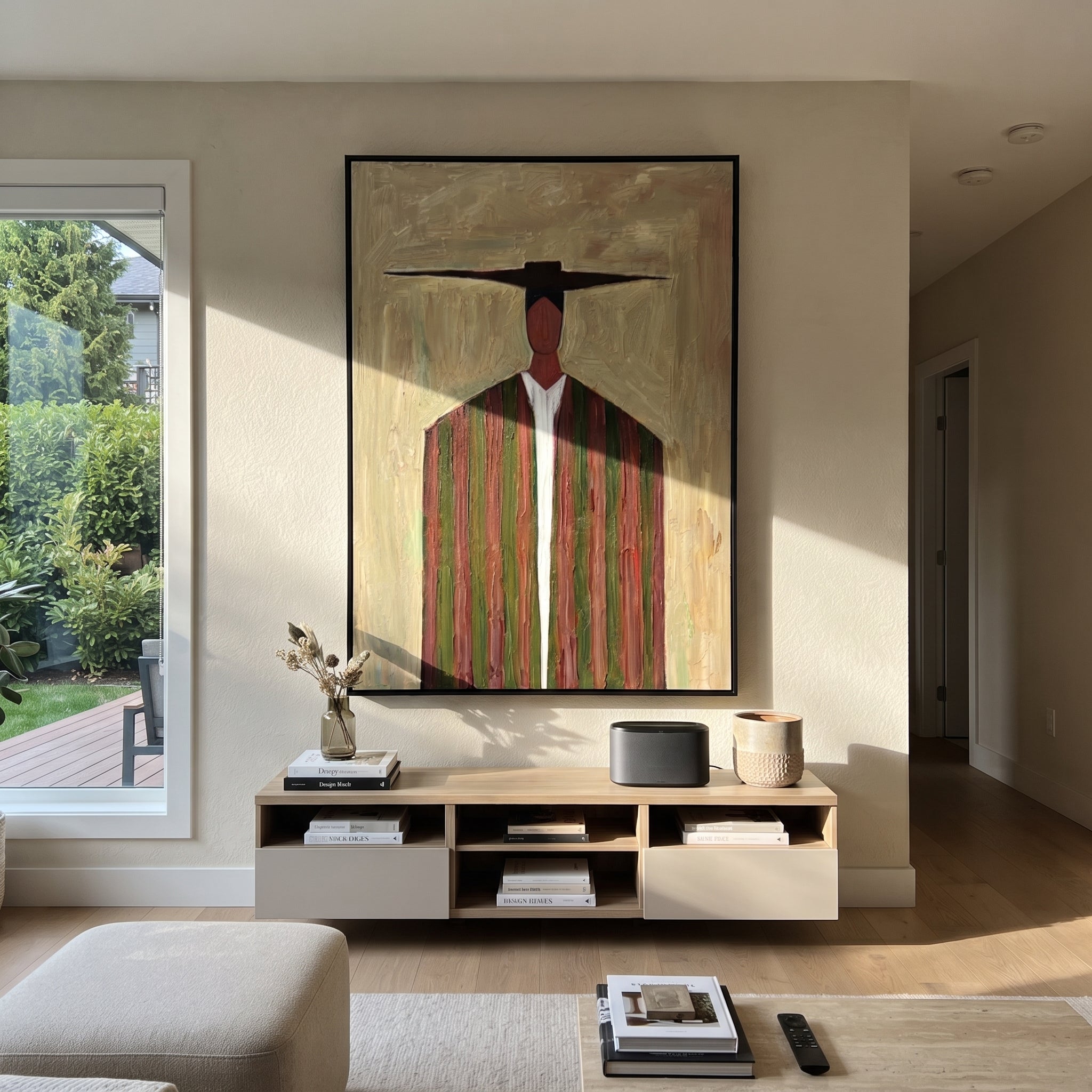 Dark Bar Crosses Burgundy - burgundy striped figure painting by Elliot Vale, modern figurative vertical wall art - styled room scene view 2
