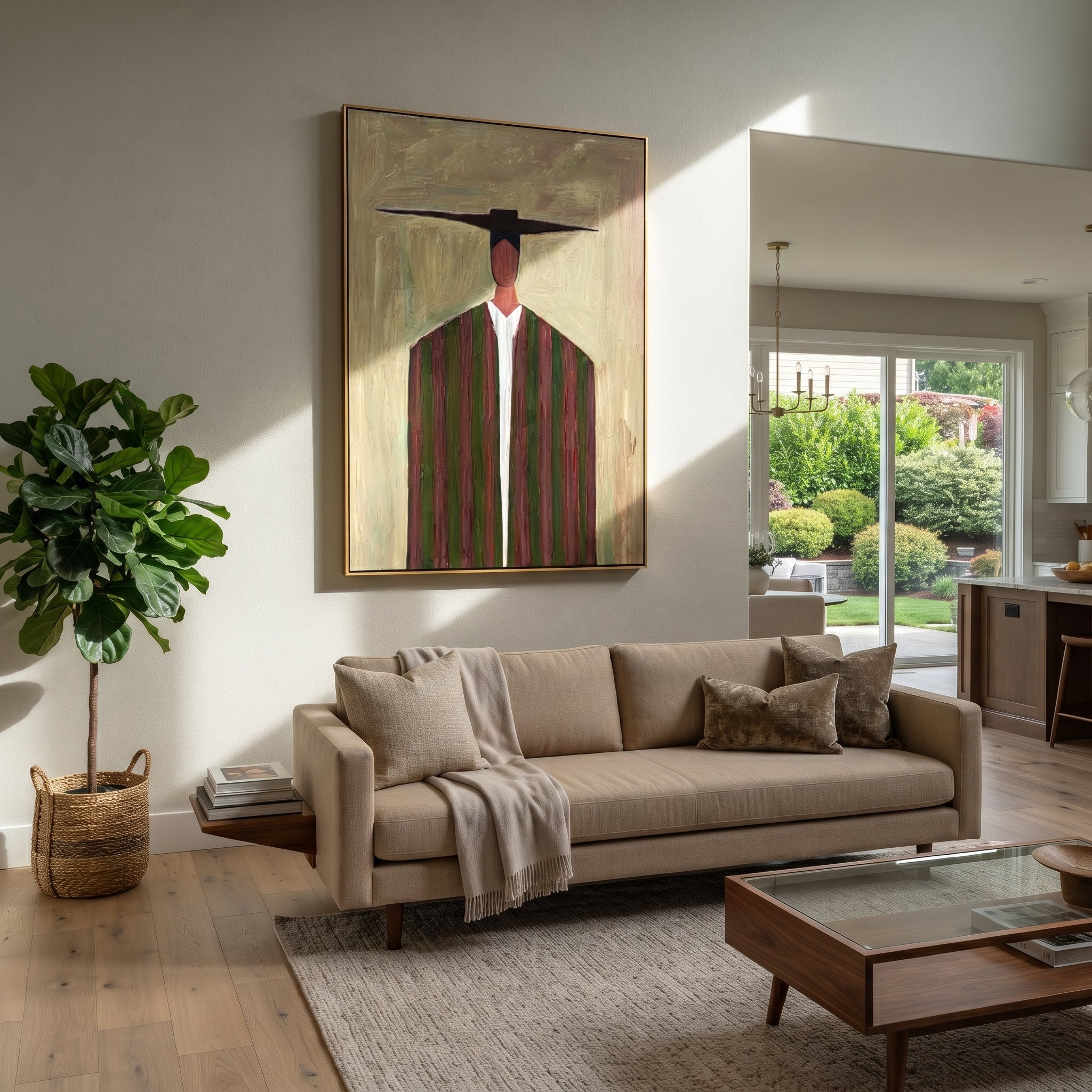 Dark Bar Crosses Burgundy - burgundy striped figure painting by Elliot Vale, modern figurative vertical wall art - styled room scene view 3