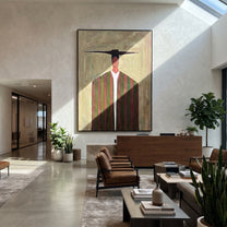 Dark Bar Crosses Burgundy - burgundy striped figure painting by Elliot Vale, modern figurative vertical wall art - styled room scene view 4