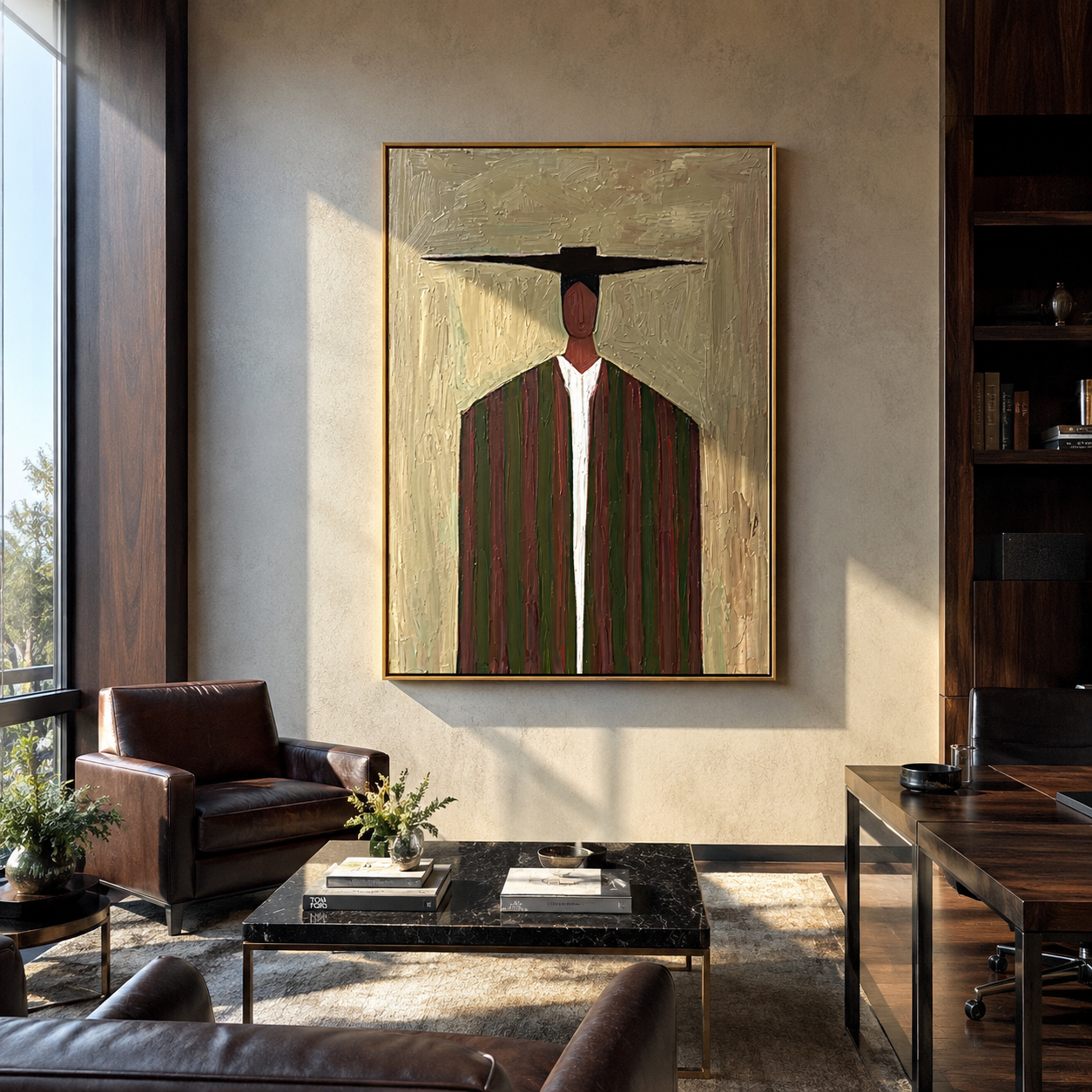 Dark Bar Crosses Burgundy - burgundy striped figure painting by Elliot Vale, modern figurative vertical wall art - styled room scene view 5