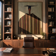 Black Horizon Crowns Stripes - geometric striped figure painting by Elliot Vale, modern figurative vertical wall art - styled room scene view 1