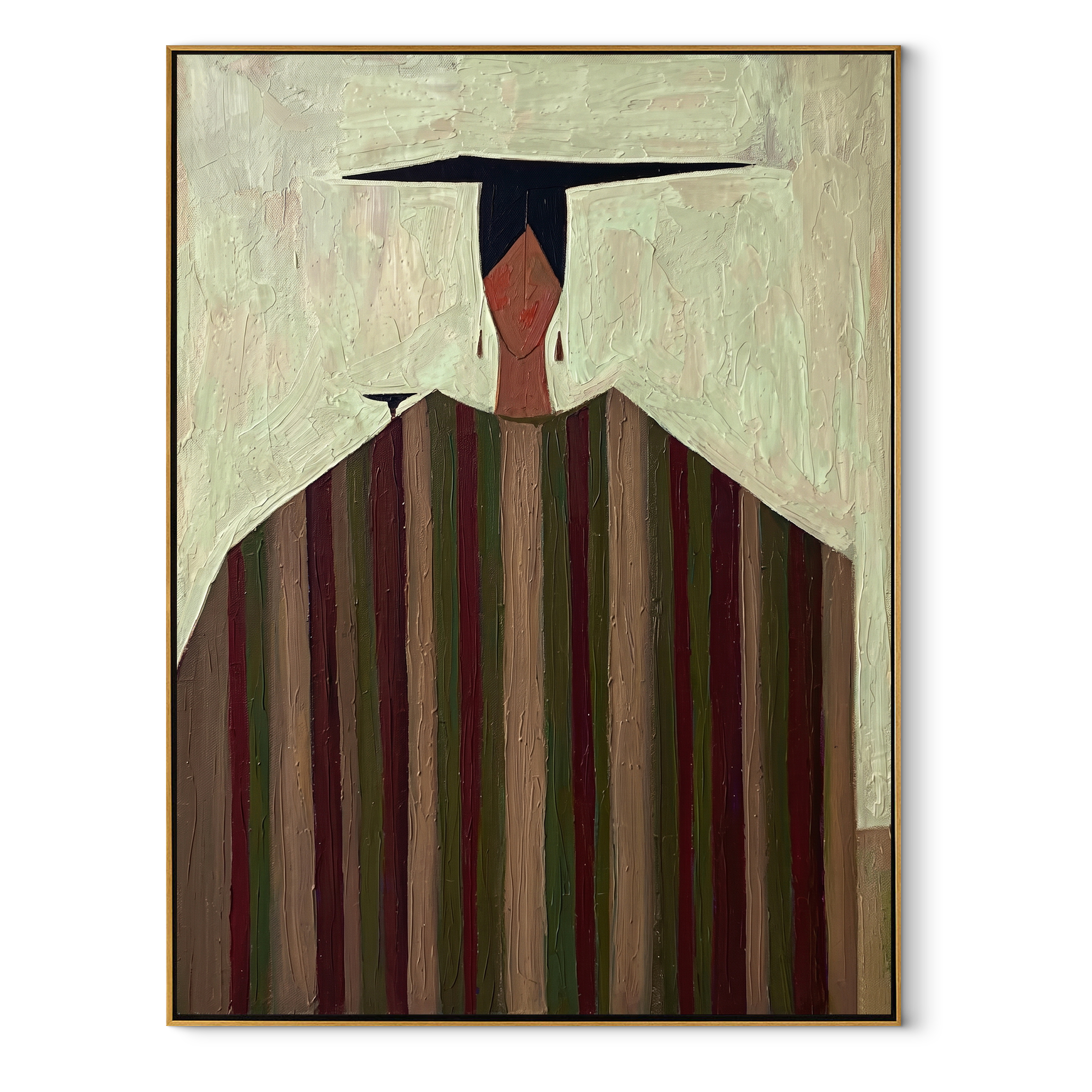 Black Horizon Crowns Stripes - geometric striped figure painting by Elliot Vale, modern figurative vertical wall art - framed artwork on white background