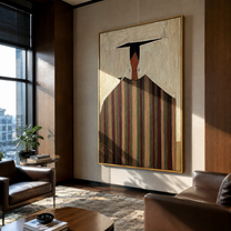 Black Horizon Crowns Stripes - geometric striped figure painting by Elliot Vale, modern figurative vertical wall art - styled room scene view 2