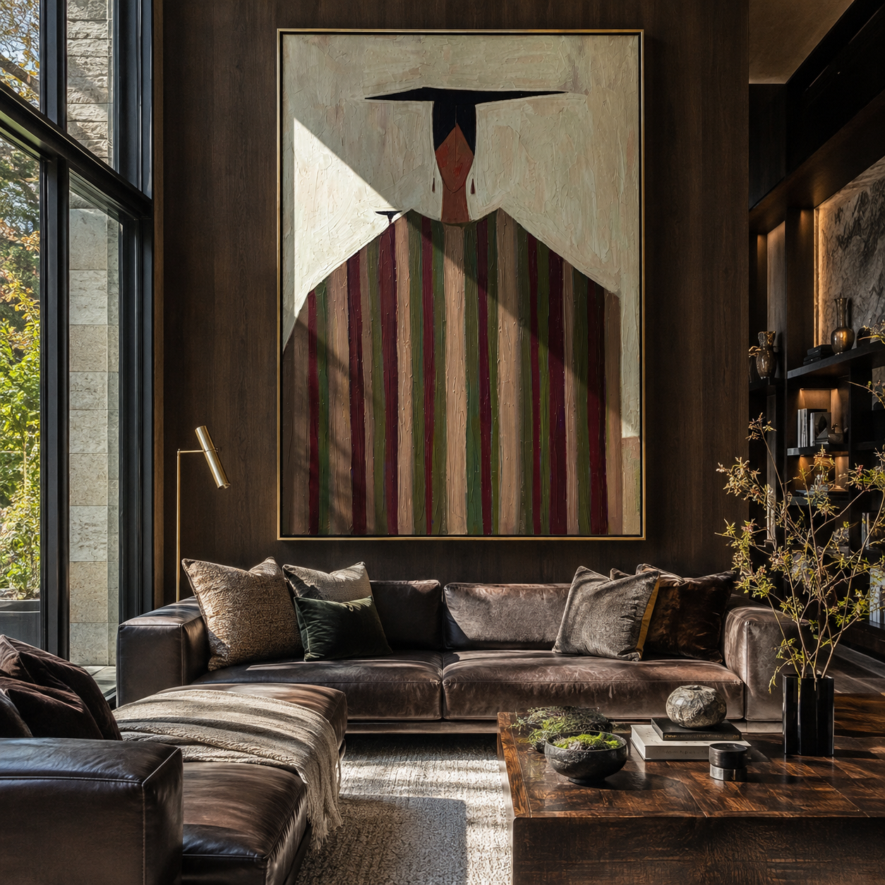Black Horizon Crowns Stripes - geometric striped figure painting by Elliot Vale, modern figurative vertical wall art - styled room scene view 3
