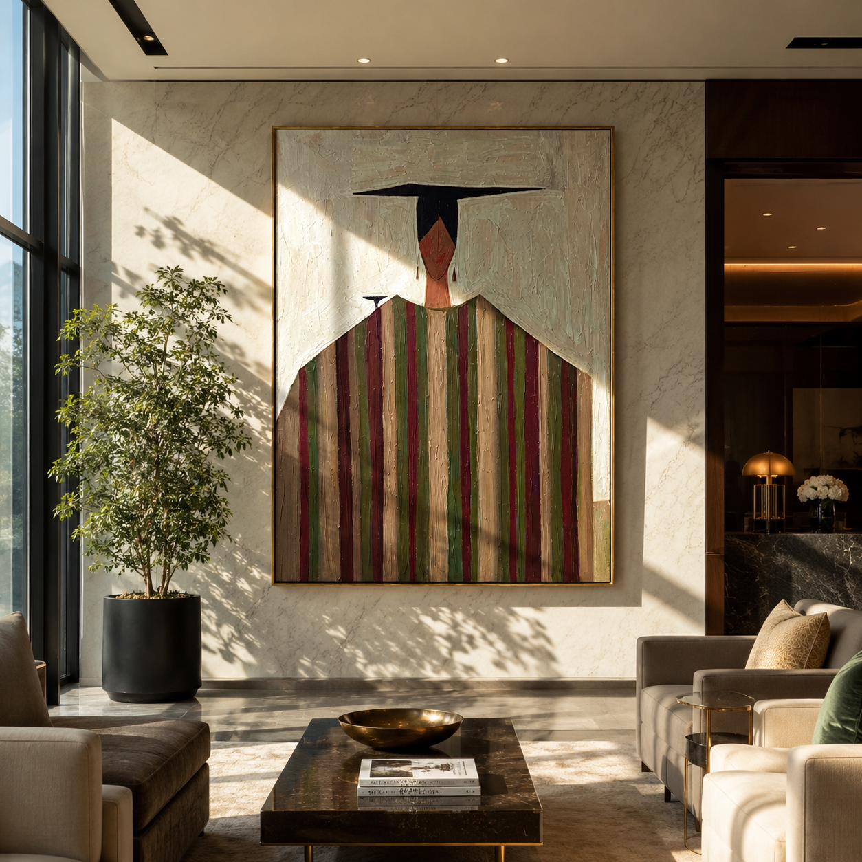 Black Horizon Crowns Stripes - geometric striped figure painting by Elliot Vale, modern figurative vertical wall art - styled room scene view 4
