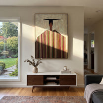 Black Horizon Crowns Stripes - geometric striped figure painting by Elliot Vale, modern figurative vertical wall art - styled room scene view 5