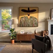 Plum Brim Holds Grain - textured striped sombrero painting by Elliot Vale, modern figurative square wall art - styled room scene view 1
