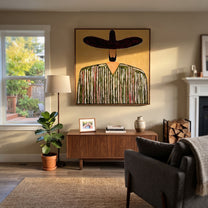 Plum Brim Holds Grain - textured striped sombrero painting by Elliot Vale, modern figurative square wall art - styled room scene view 1