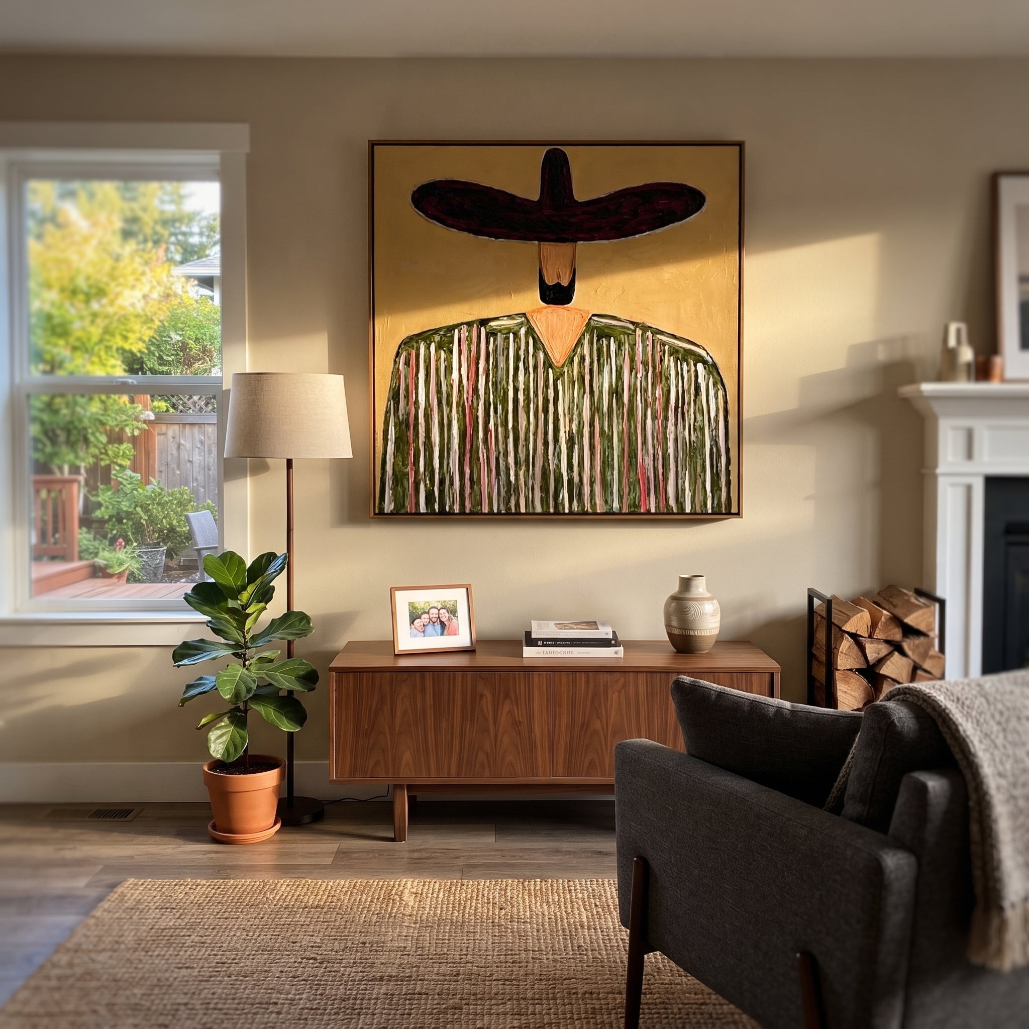 Plum Brim Holds Grain - textured striped sombrero painting by Elliot Vale, modern figurative square wall art - styled room scene view 1