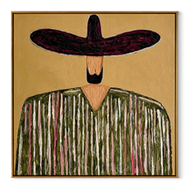 Plum Brim Holds Grain - textured striped sombrero painting by Elliot Vale, modern figurative square wall art - framed artwork on white background