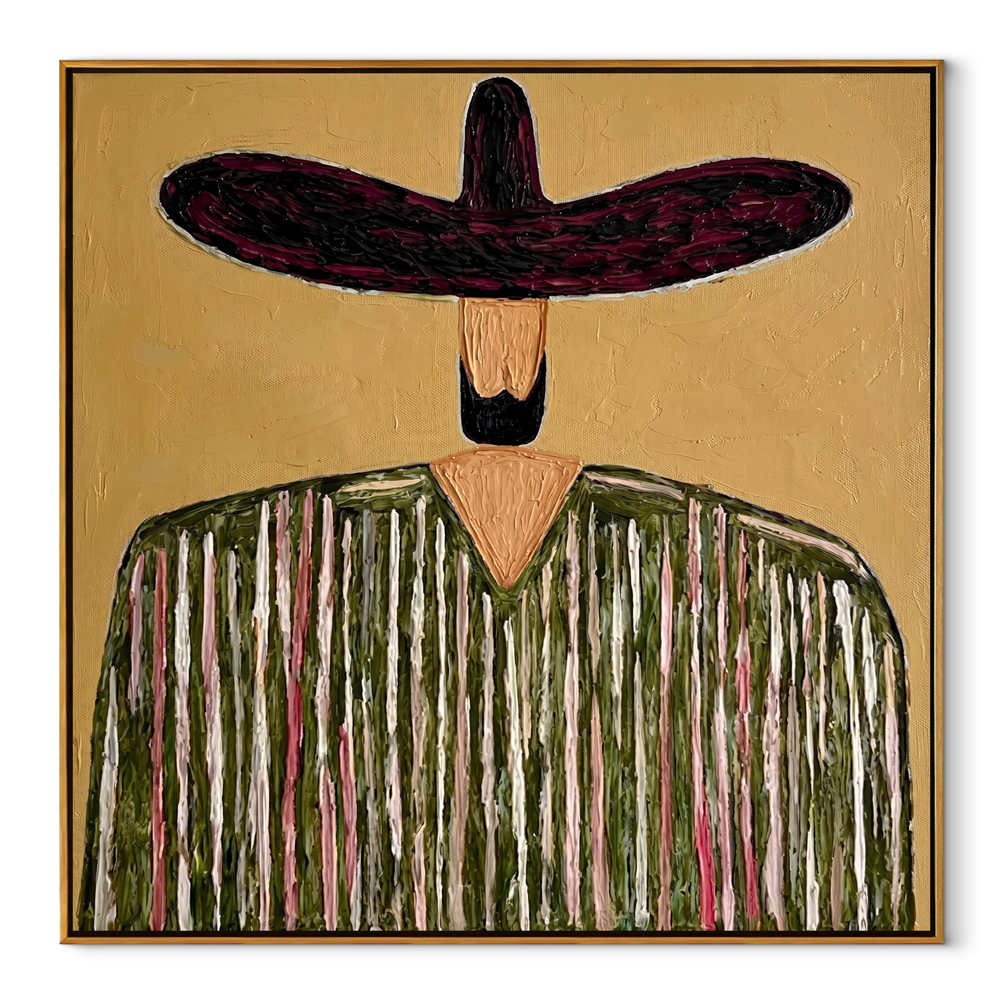 Plum Brim Holds Grain - textured striped sombrero painting by Elliot Vale, modern figurative square wall art - framed artwork on white background
