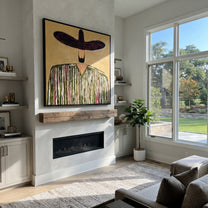 Plum Brim Holds Grain - textured striped sombrero painting by Elliot Vale, modern figurative square wall art - styled room scene view 2