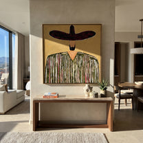 Plum Brim Holds Grain - textured striped sombrero painting by Elliot Vale, modern figurative square wall art - styled room scene view 3