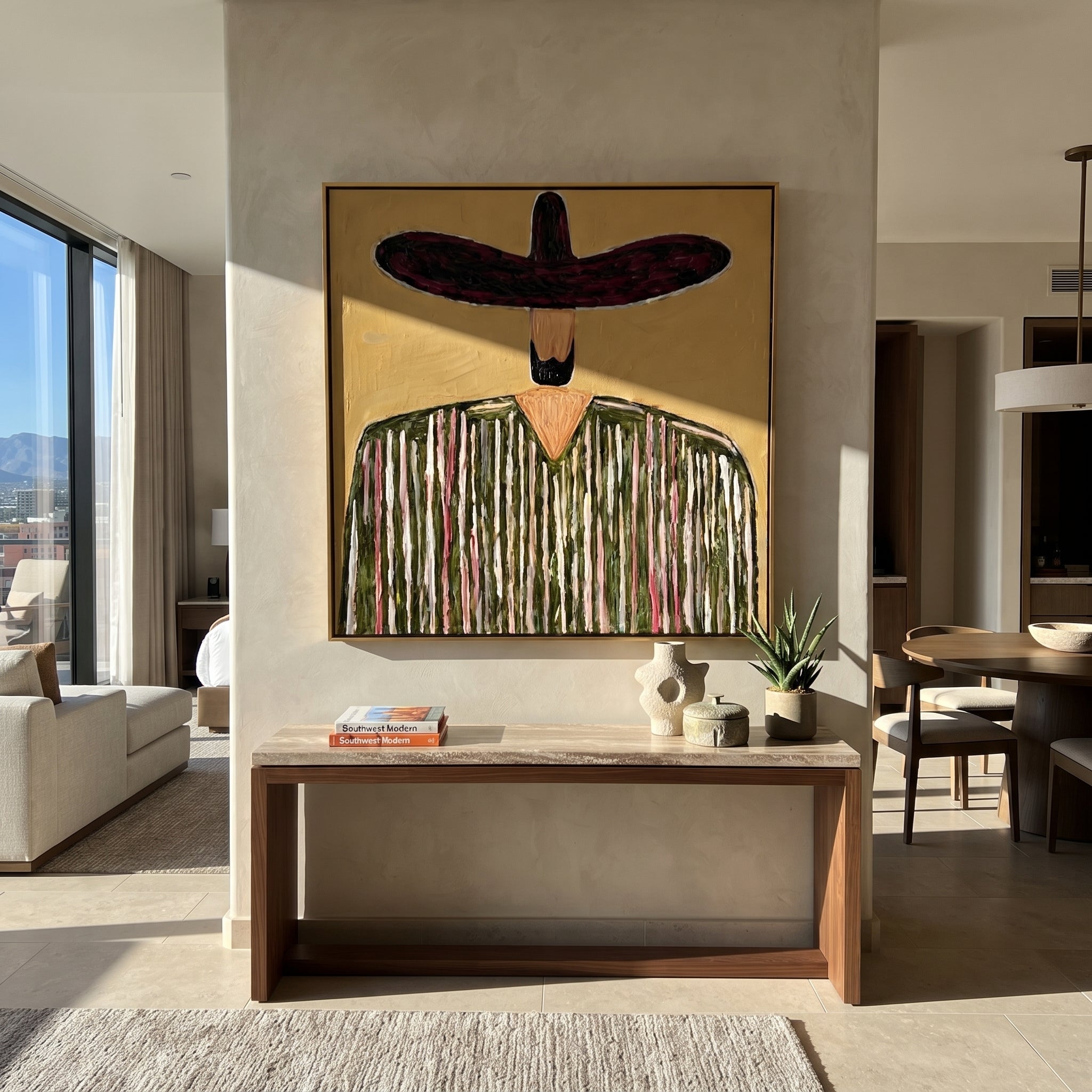Plum Brim Holds Grain - textured striped sombrero painting by Elliot Vale, modern figurative square wall art - styled room scene view 3