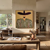 Plum Brim Holds Grain - textured striped sombrero painting by Elliot Vale, modern figurative square wall art - styled room scene view 4