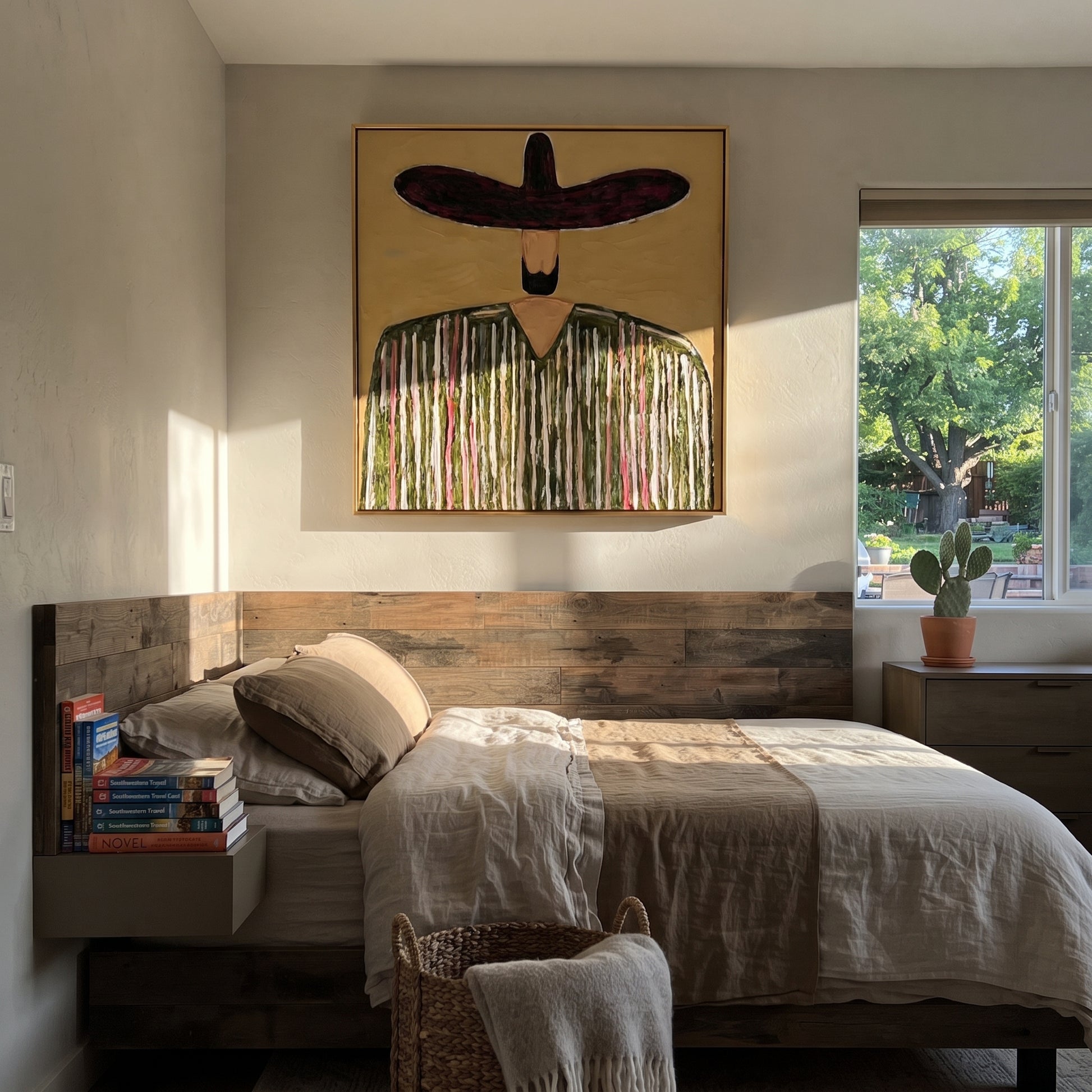 Plum Brim Holds Grain - textured striped sombrero painting by Elliot Vale, modern figurative square wall art - styled room scene view 5