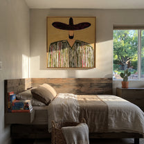 Plum Brim Holds Grain - textured striped sombrero painting by Elliot Vale, modern figurative square wall art - styled room scene view 5