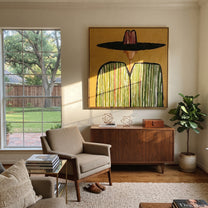Pink Crown Meets Green - green striped sombrero painting by Elliot Vale, modern figurative square wall art - styled room scene view 1