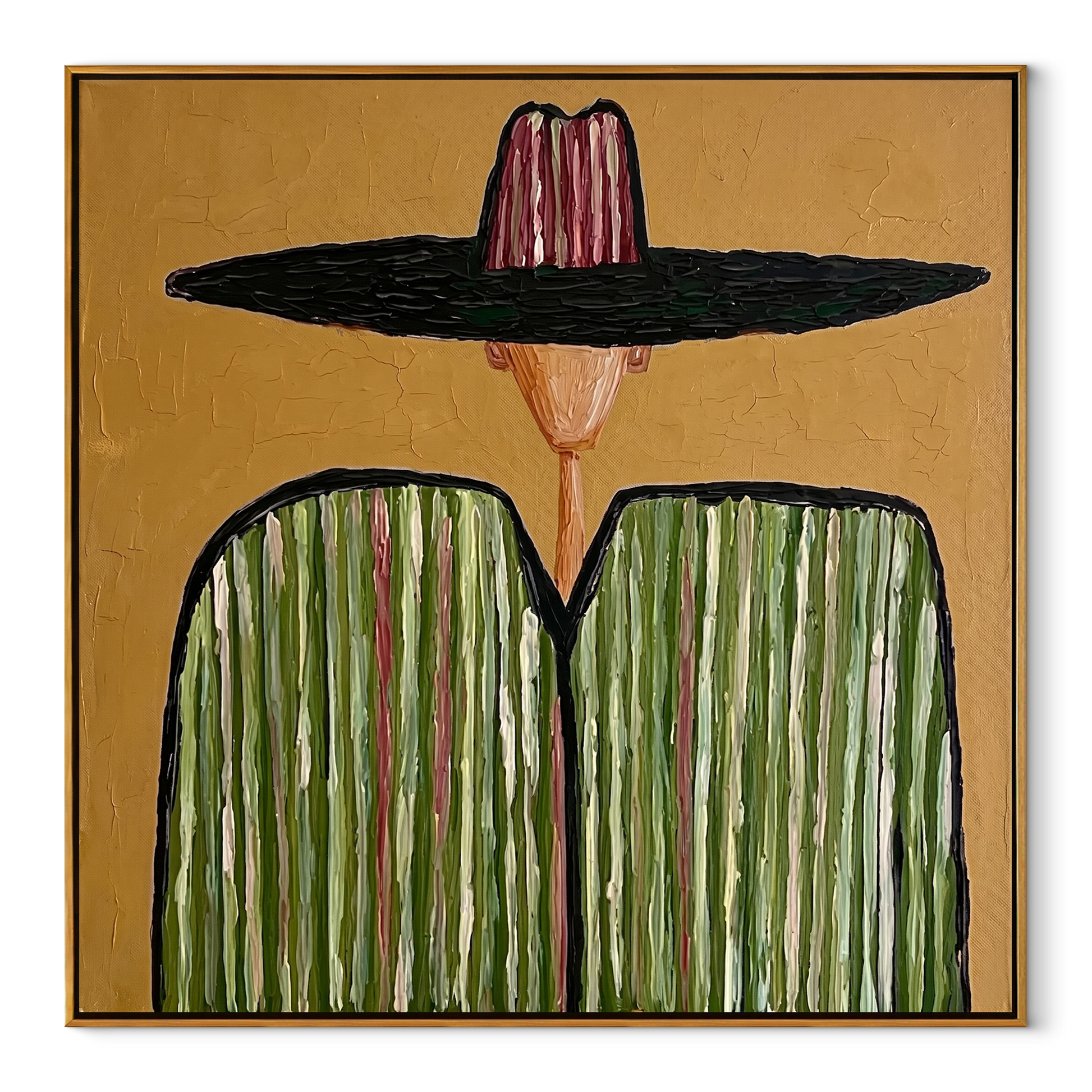 Pink Crown Meets Green - green striped sombrero painting by Elliot Vale, modern figurative square wall art - framed artwork on white background
