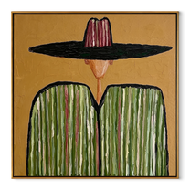 Pink Crown Meets Green - green striped sombrero painting by Elliot Vale, modern figurative square wall art - framed artwork on white background
